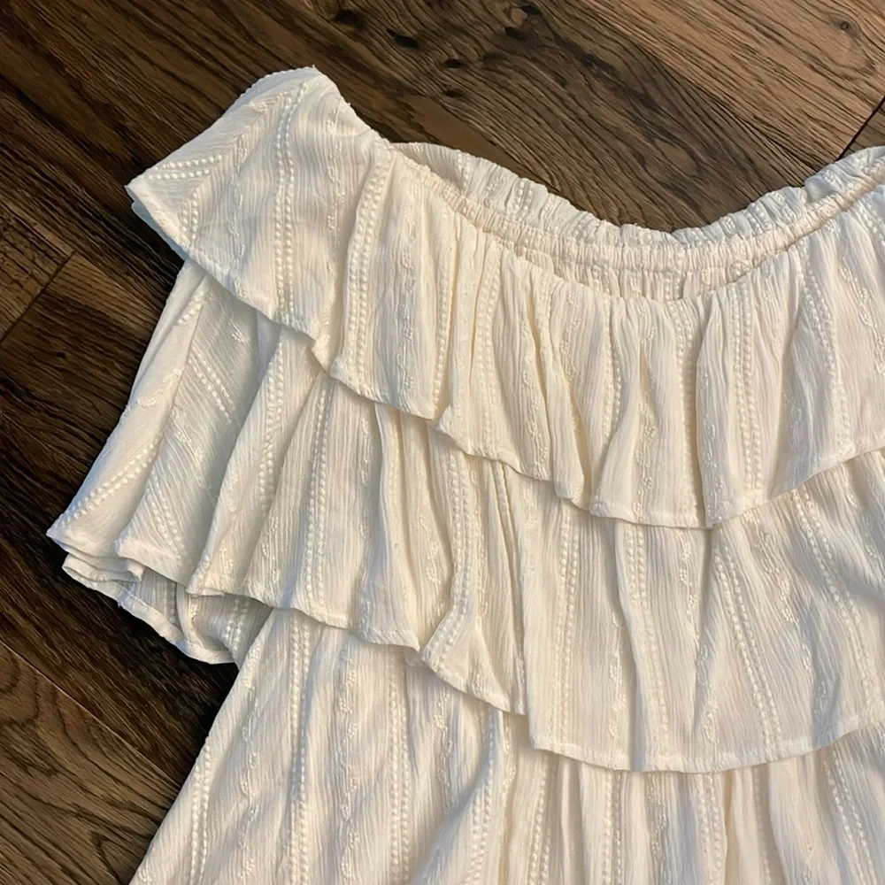 Express Cream Ruffle Off-Shoulder Romper - Picture 11 of 17